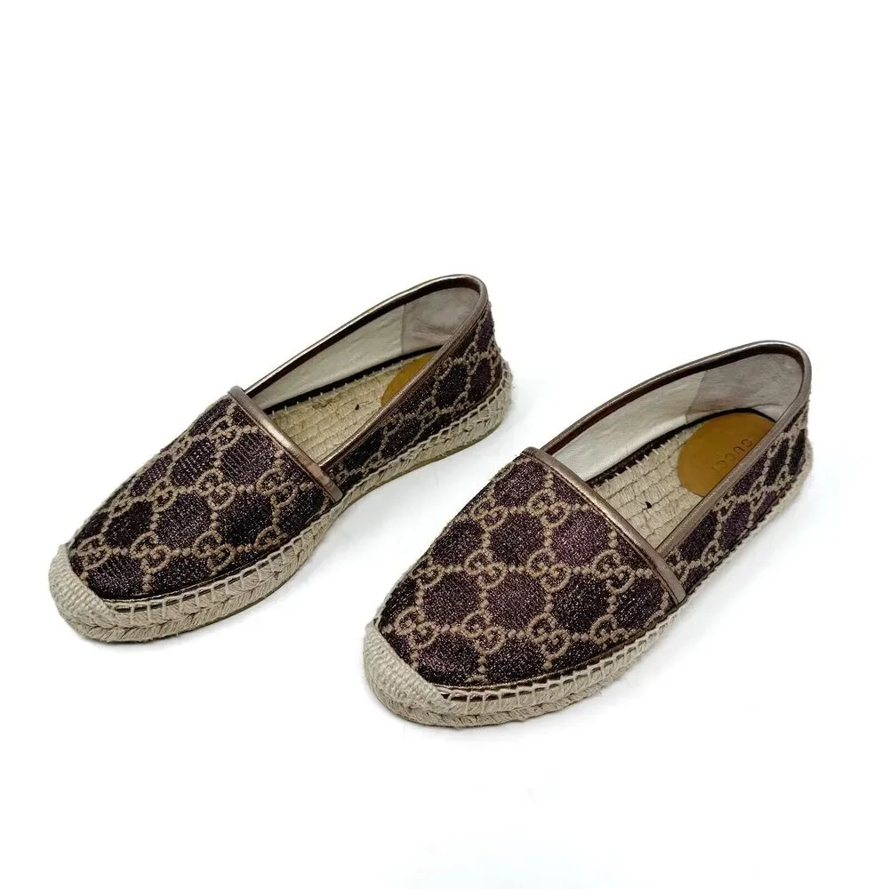 Gucci GG Logo Lurex Lamé Espadrilles Brown Beige Monogram Flats EU 37.5 US 7.5 - Picture 5 of 14